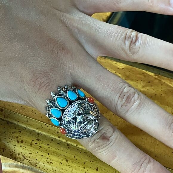 Artisan Crafted Turquoise Indian Chief Ring Size 10 - Picture 4 of 9